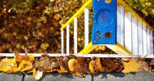 Ladder next to house with leaves in gutter